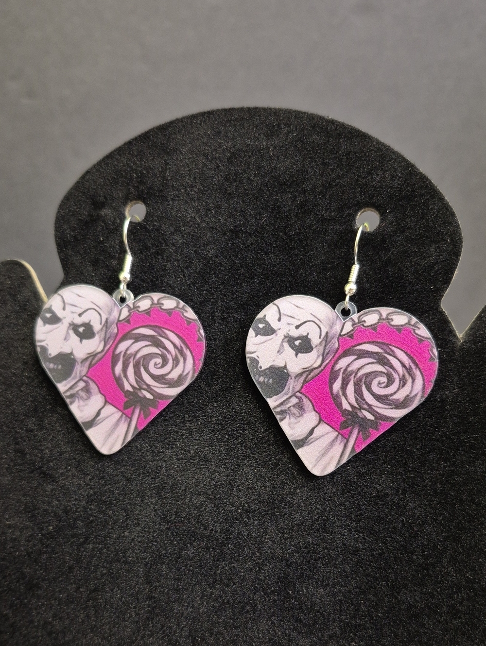 Handcrafted Terrifier Art The Clown Pink Heart Earrings with Horror Lollipop
